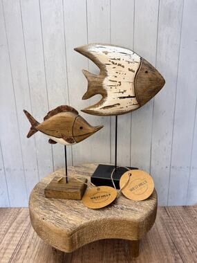 Wood Beach House Decor Bundle Fish Sitter Set of 2 Rustic Nature Ocean NEW